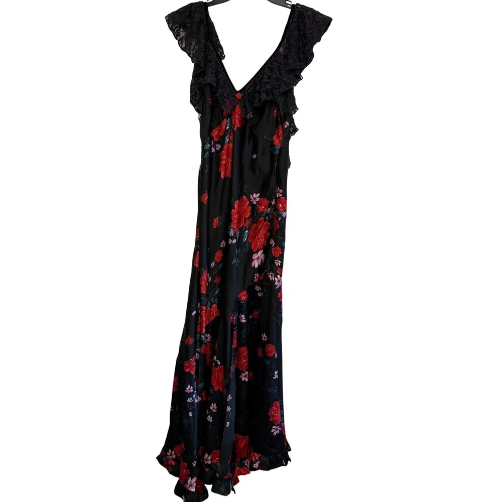 Free People Dark Romance Lace Trim Floral Satin Maxi Dress Black Red Rose V-Neck